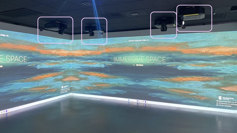 An immersive space showing how two projectors per wall are installed.
