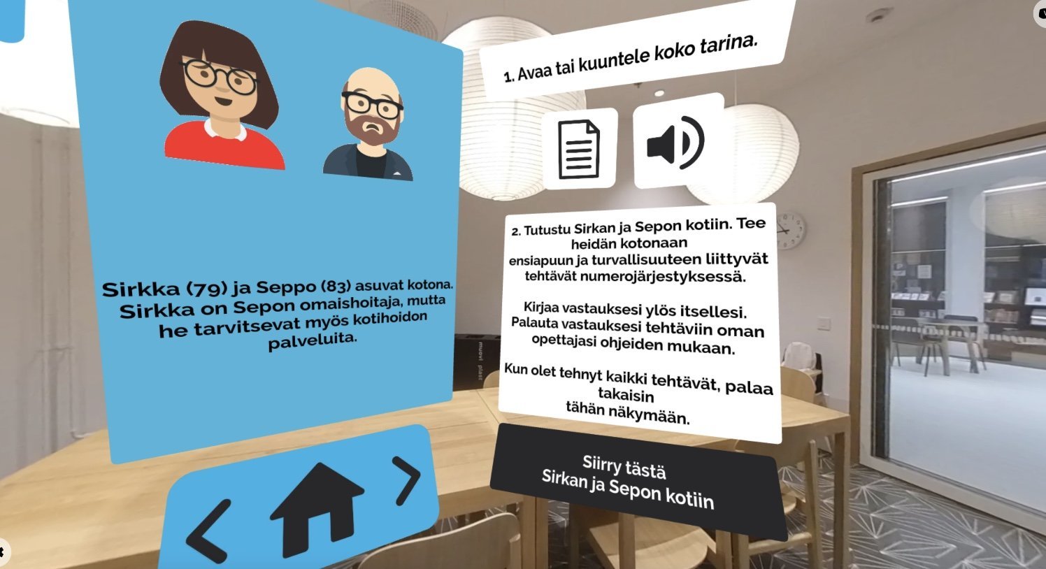 Virtuaalisen HyGGe-koulun aloitusnäkymä, jossa esitellään Sirkka ja Seppo ja ohjataan tehtäviin heidän kotonaan