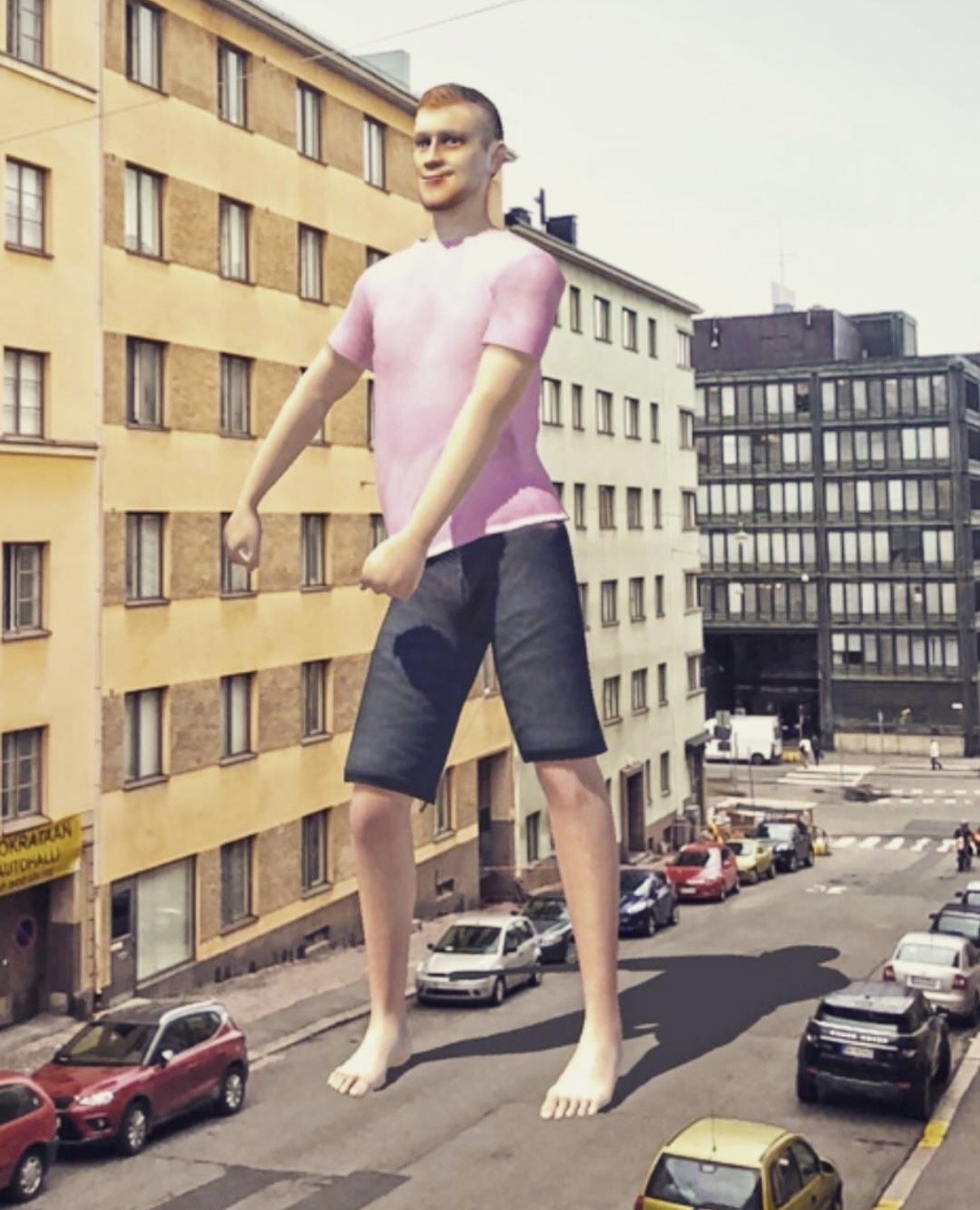 3DBearin sovelluksella lisätty jättimäinen hahmo helsinkiläisellä kadulla