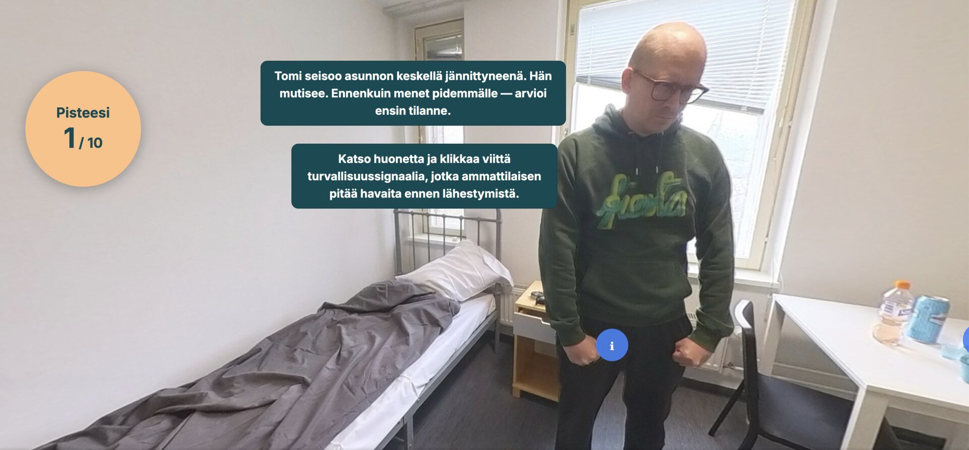 360 simulation: a client stands tense in the middle of a flat, and the student is asked to find safety signals in the room