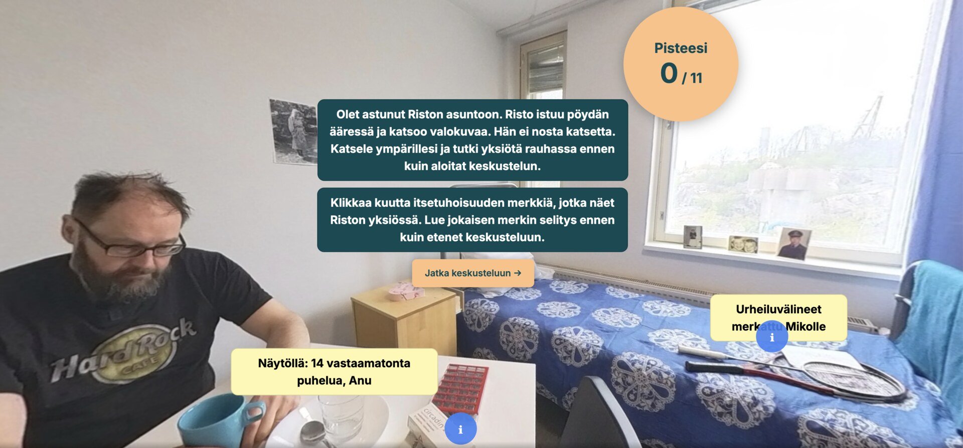 360 simulation: a client sits at a table in his flat, with clickable points marked around the room