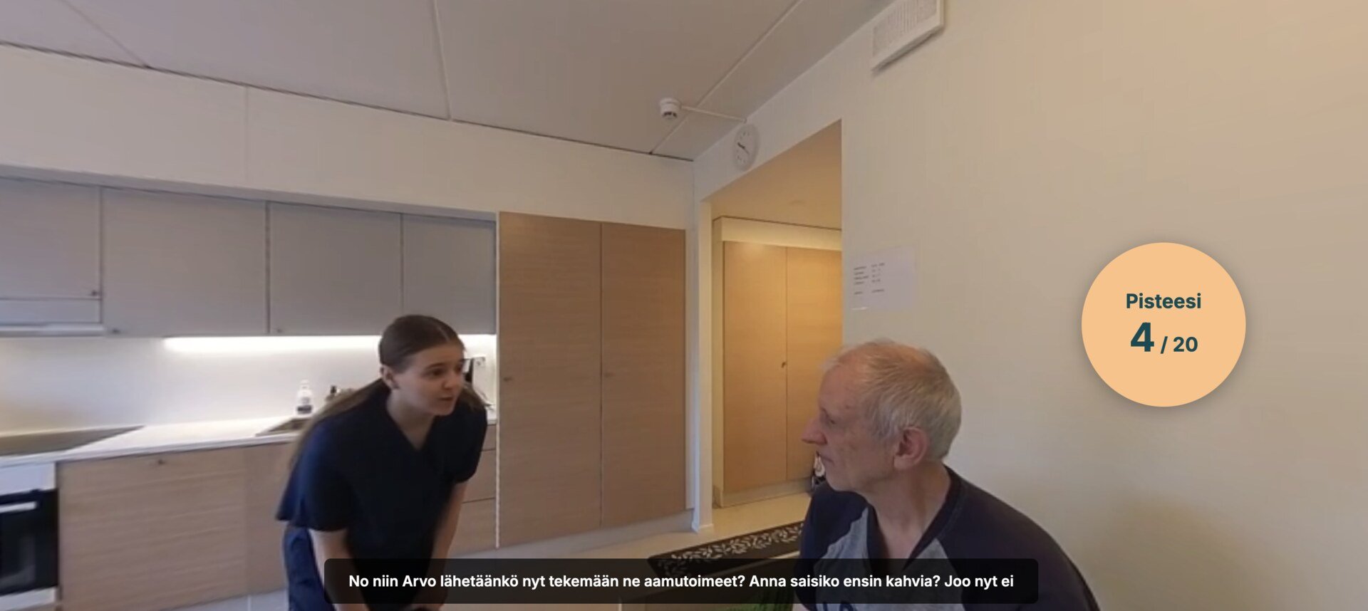 360 simulation: a practical nurse talks with a resident in the kitchen about the morning routine