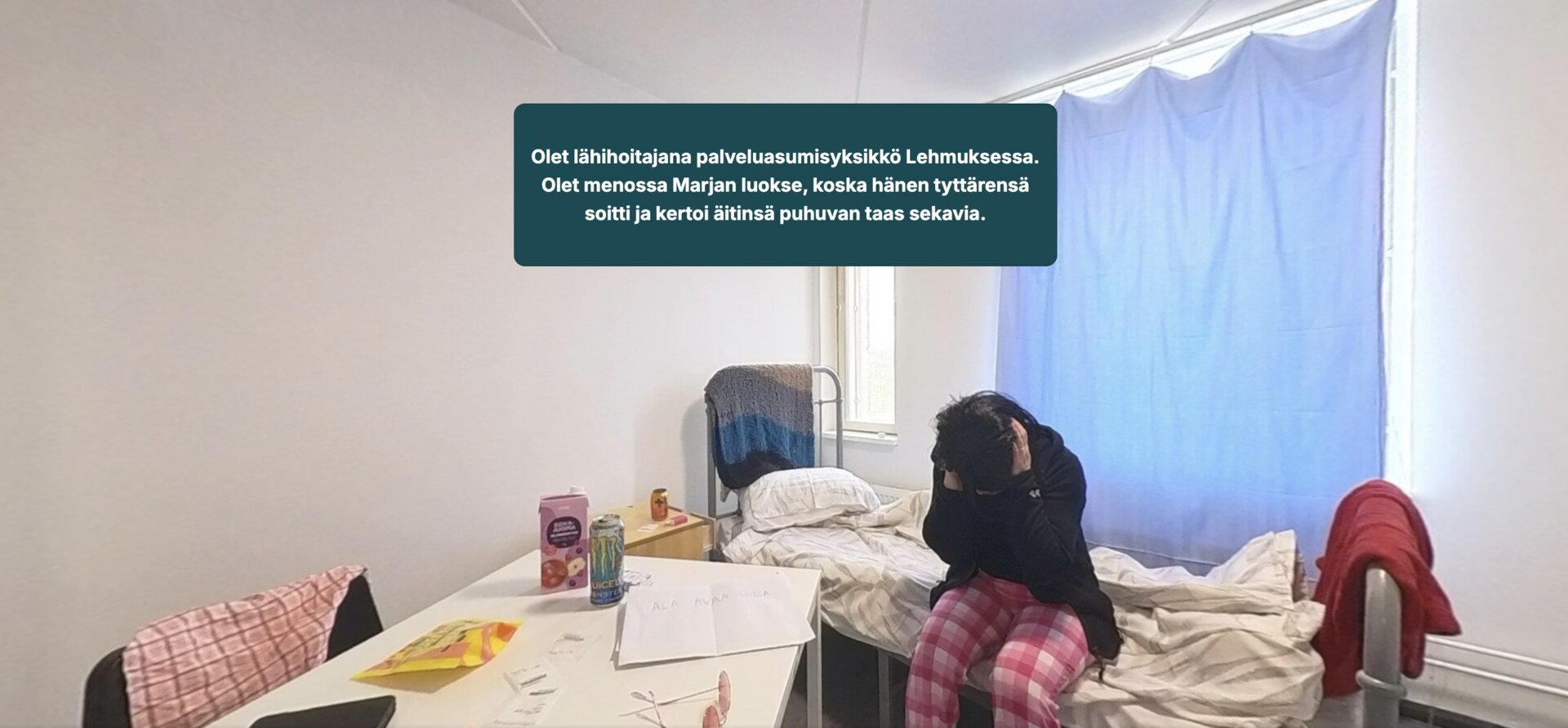 360 simulation: a practical nurse is on the way to a resident's room in a supported housing unit, with the background of the situation on screen