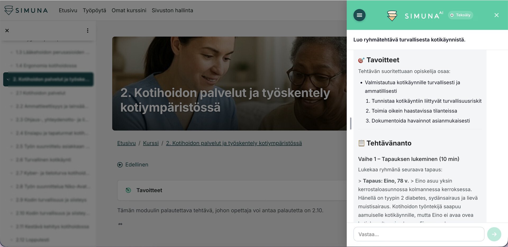 Simuna AI auki kurssin päällä: kurssinäkymä vasemmalla, assistentin keskusteluikkuna oikeassa reunassa