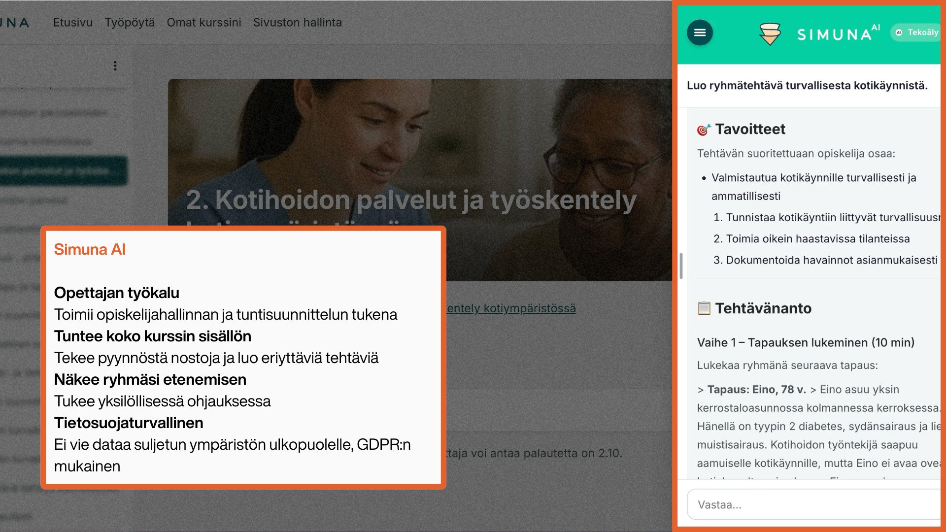 Simuna AI kurssin rinnalla: opettaja on pyytänyt ryhmätehtävää turvallisesta kotikäynnistä, ja assistentti on tuottanut tehtävälle tavoitteet ja tehtävänannon